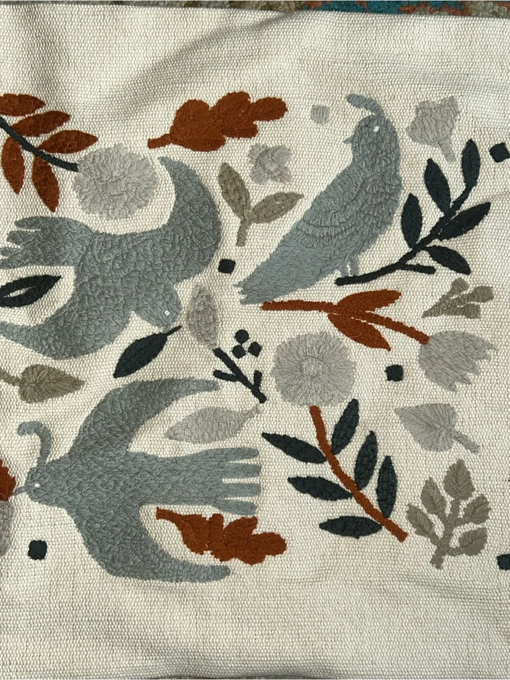 West Elm Embroidered Crewel Work Birds Cream Cushion Cover Boho OOAK